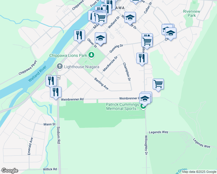 map of restaurants, bars, coffee shops, grocery stores, and more near 8816 Banting Avenue in Niagara Falls