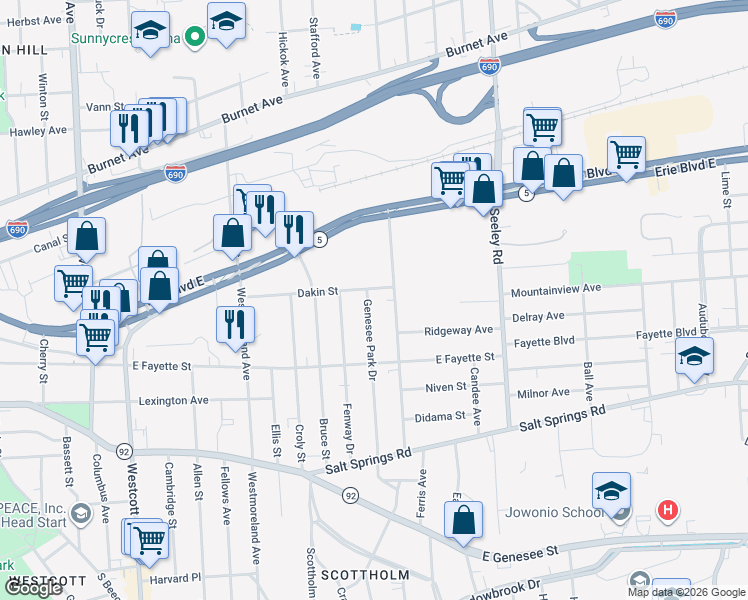 map of restaurants, bars, coffee shops, grocery stores, and more near 115 Genesee Park Drive in Syracuse