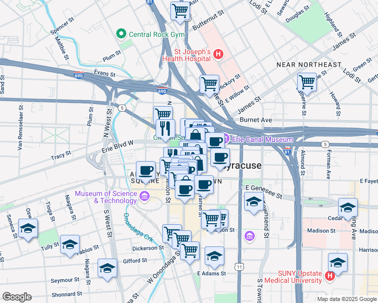 map of restaurants, bars, coffee shops, grocery stores, and more near 101 South Salina Street in Syracuse