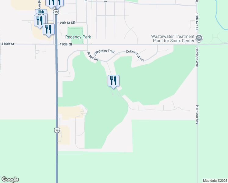 map of restaurants, bars, coffee shops, grocery stores, and more near 2595 Ridge Road in Sioux Center
