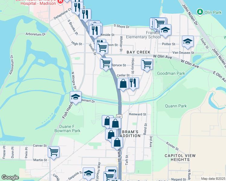 map of restaurants, bars, coffee shops, grocery stores, and more near 1602 S Park St in Madison