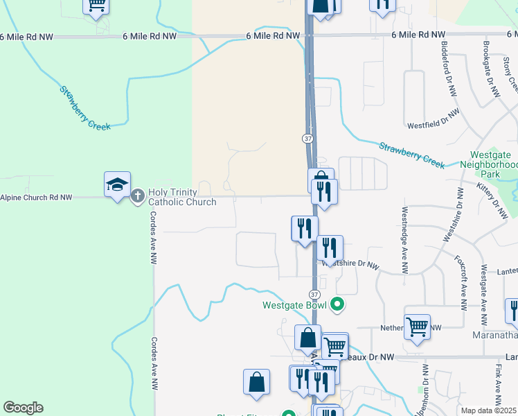map of restaurants, bars, coffee shops, grocery stores, and more near 942 Alpine Church Road Northwest in Comstock Park