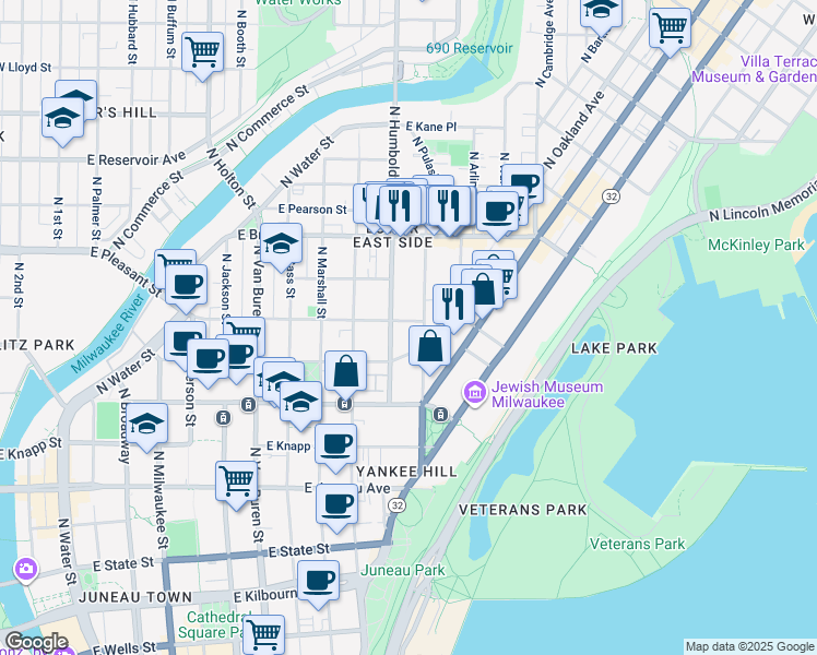 map of restaurants, bars, coffee shops, grocery stores, and more near 1121 East Pleasant Street in Milwaukee