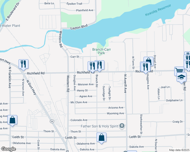 map of restaurants, bars, coffee shops, grocery stores, and more near 3918 Branch Road in Flint