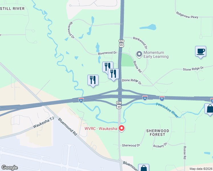 map of restaurants, bars, coffee shops, grocery stores, and more near N14 W24121 Tower Place in Pewaukee