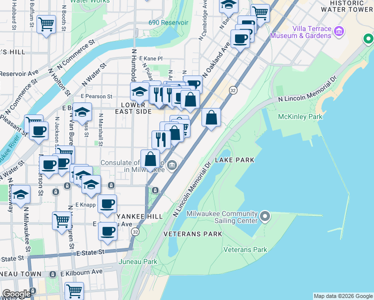 map of restaurants, bars, coffee shops, grocery stores, and more near 1559 North Prospect Avenue in Milwaukee