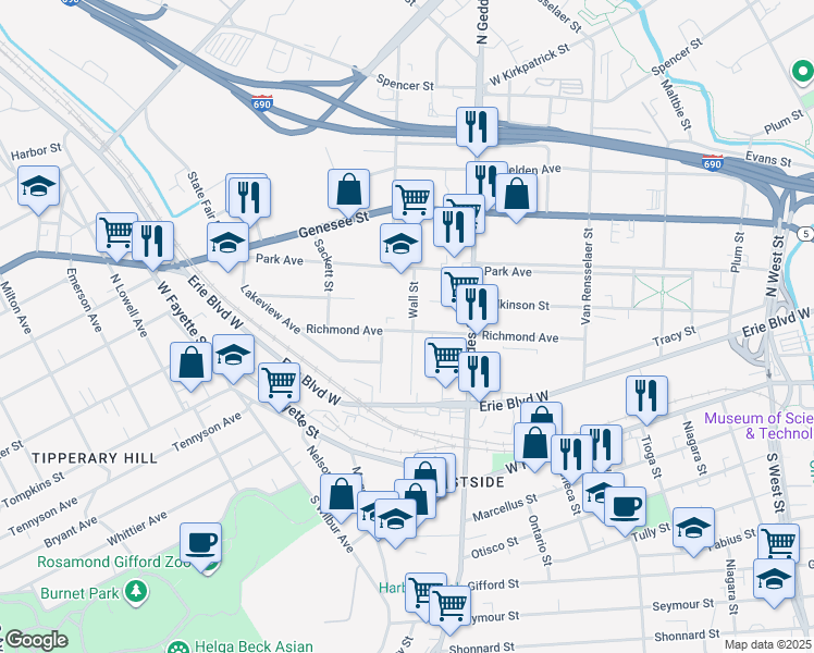 map of restaurants, bars, coffee shops, grocery stores, and more near 201 Wall Street in Syracuse