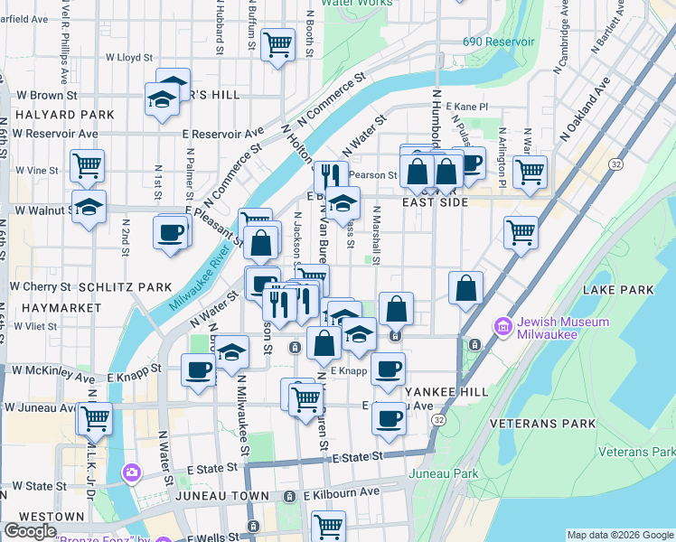 map of restaurants, bars, coffee shops, grocery stores, and more near 719 East Pleasant Street in Milwaukee