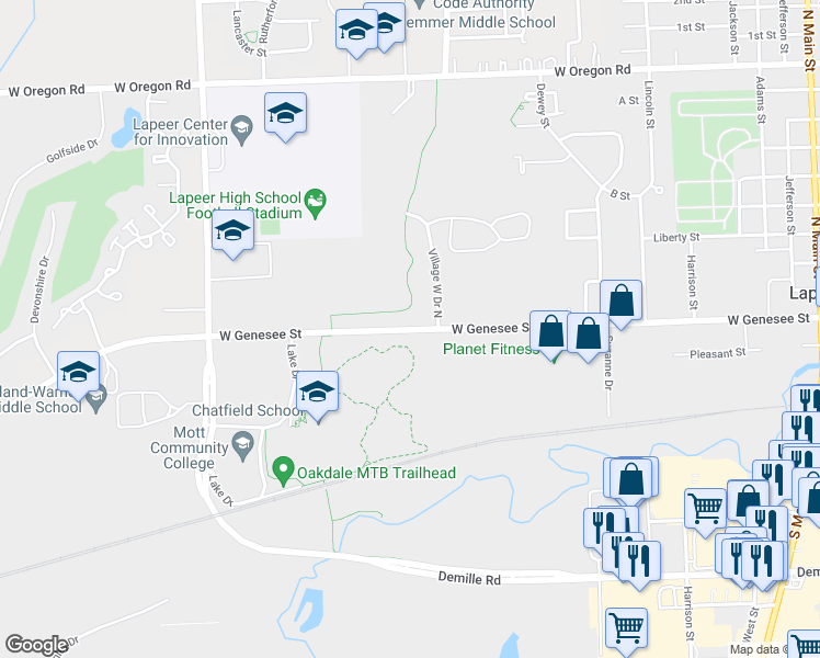 map of restaurants, bars, coffee shops, grocery stores, and more near 2464 West Genesee Street in Lapeer