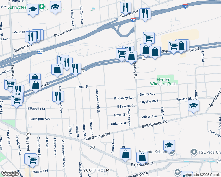 map of restaurants, bars, coffee shops, grocery stores, and more near 211 Beattie Street in Syracuse