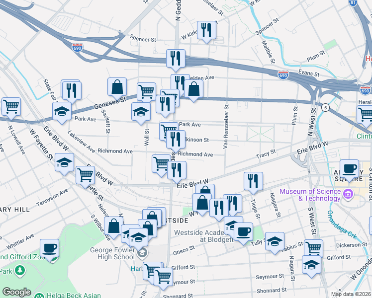 map of restaurants, bars, coffee shops, grocery stores, and more near in Syracuse