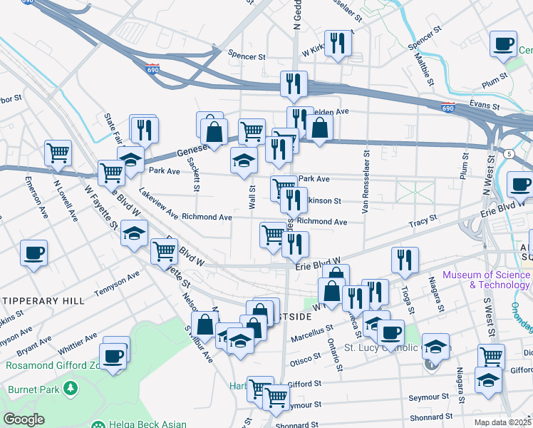 map of restaurants, bars, coffee shops, grocery stores, and more near 315 Richmond Avenue in Syracuse