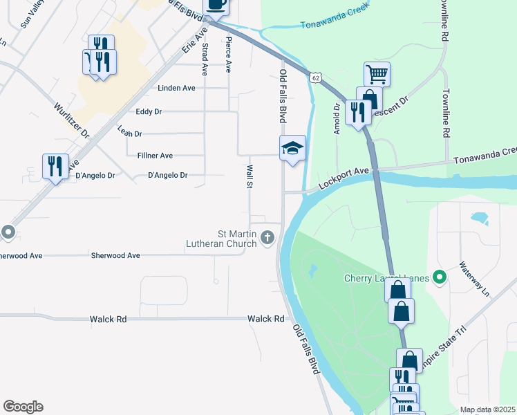 map of restaurants, bars, coffee shops, grocery stores, and more near 32 Louisa Street in North Tonawanda