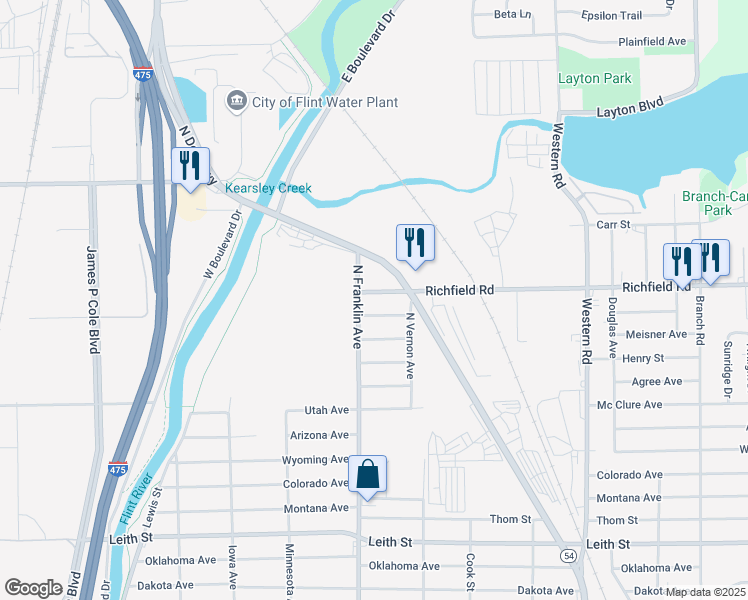 map of restaurants, bars, coffee shops, grocery stores, and more near 1923 Weaver Street in Flint