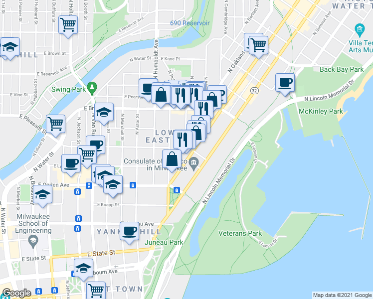 map of restaurants, bars, coffee shops, grocery stores, and more near in Milwaukee