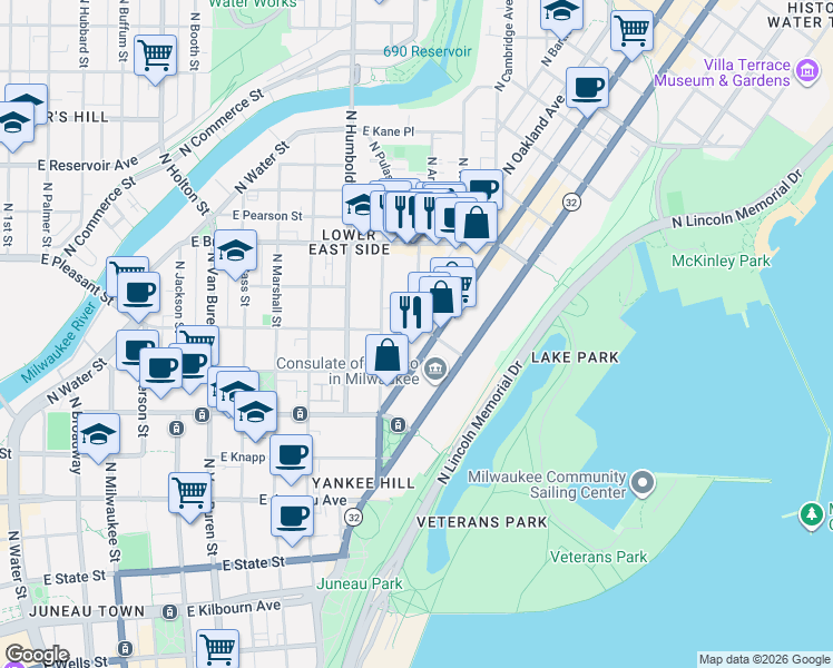 map of restaurants, bars, coffee shops, grocery stores, and more near in Milwaukee
