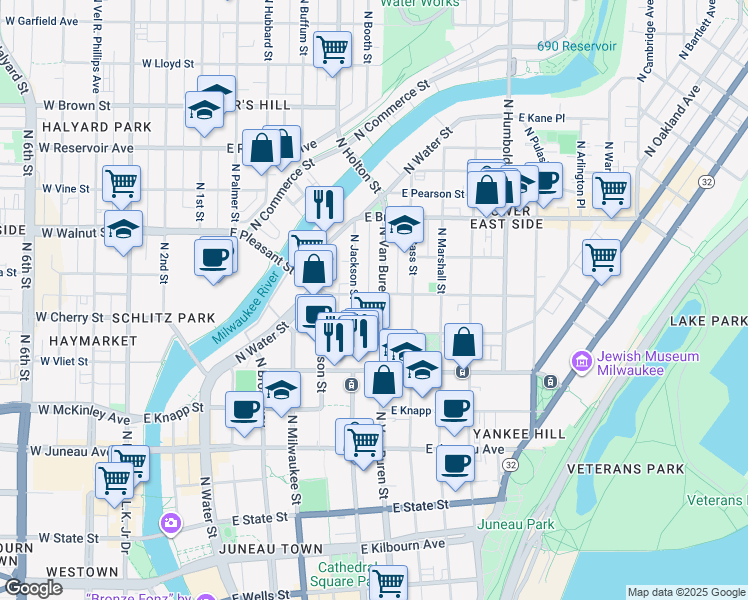 map of restaurants, bars, coffee shops, grocery stores, and more near 1526 North Jackson Street in Milwaukee