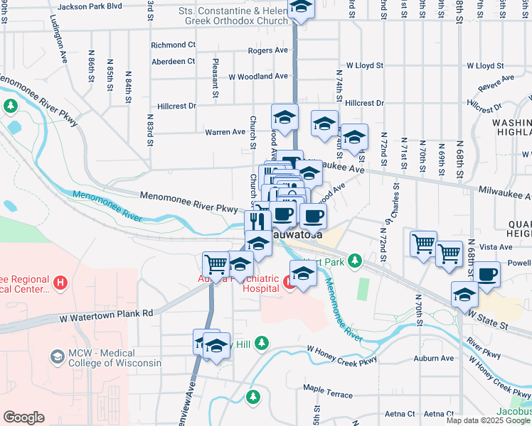 map of restaurants, bars, coffee shops, grocery stores, and more near 7746 West Menomonee River Parkway in Wauwatosa