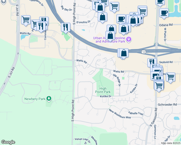 map of restaurants, bars, coffee shops, grocery stores, and more near 13 South Burberry Drive in Madison