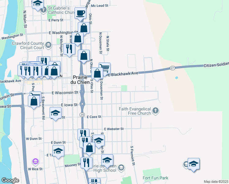 map of restaurants, bars, coffee shops, grocery stores, and more near 209 South State Street in Prairie du Chien