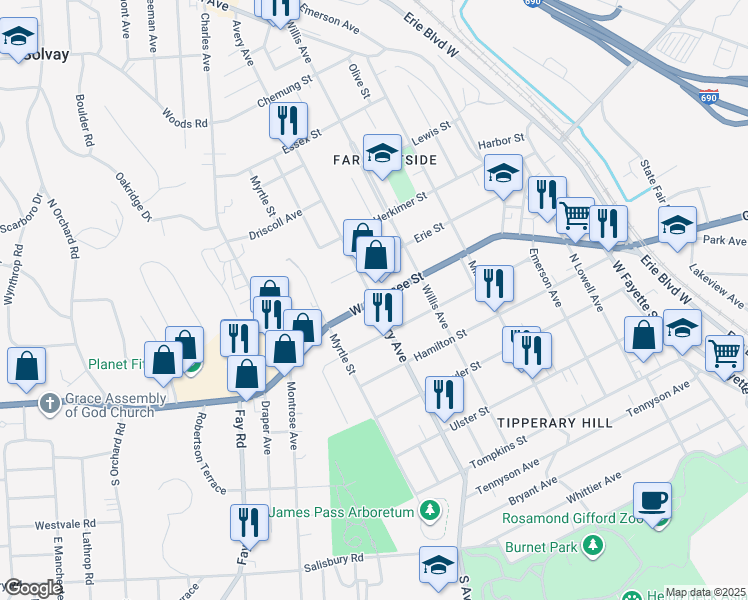 map of restaurants, bars, coffee shops, grocery stores, and more near W Genesee St & Avery Ave in Syracuse