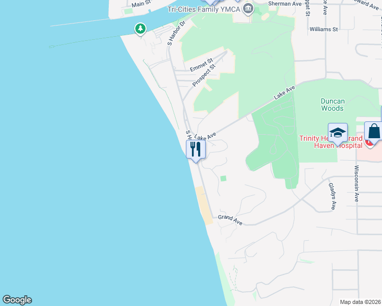 map of restaurants, bars, coffee shops, grocery stores, and more near 1159 South Harbor Drive in Grand Haven