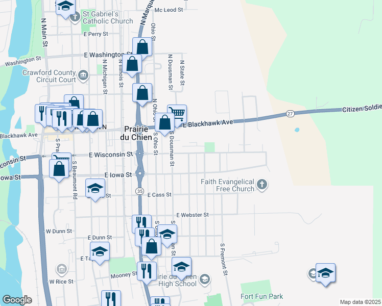 map of restaurants, bars, coffee shops, grocery stores, and more near 209 South State Street in Prairie du Chien