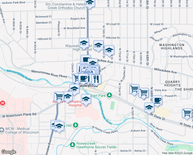 map of restaurants, bars, coffee shops, grocery stores, and more near 7463 Harwood Avenue in Wauwatosa