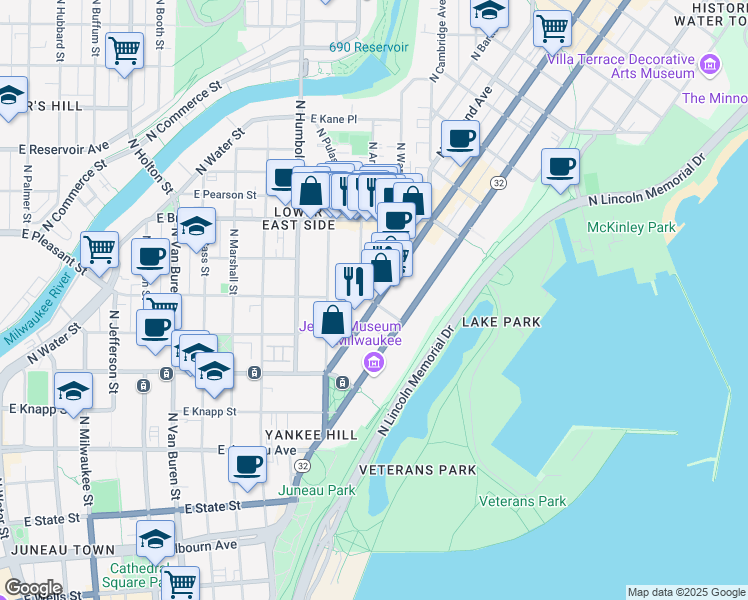 map of restaurants, bars, coffee shops, grocery stores, and more near 1505 North Farwell Avenue in Milwaukee