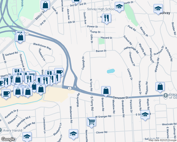 map of restaurants, bars, coffee shops, grocery stores, and more near 213 North Terry Road in Syracuse