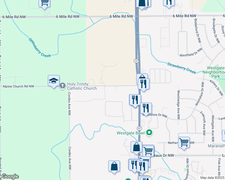 map of restaurants, bars, coffee shops, grocery stores, and more near 4725 Aldun Ridge Avenue Northwest in Comstock Park