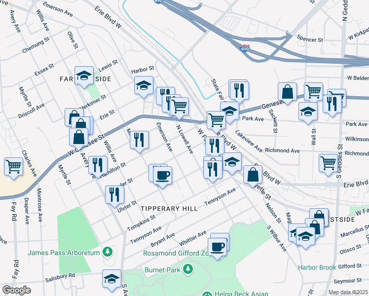 map of restaurants, bars, coffee shops, grocery stores, and more near 235 North Lowell Avenue in Syracuse