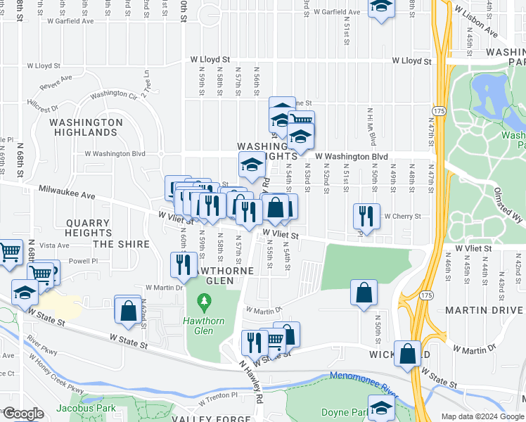 map of restaurants, bars, coffee shops, grocery stores, and more near 5450 West Cherry Street in Milwaukee