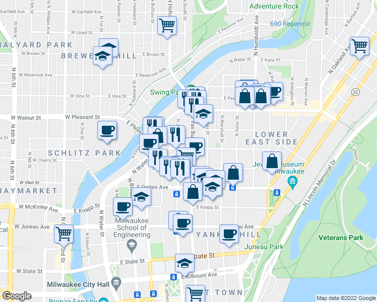 map of restaurants, bars, coffee shops, grocery stores, and more near 625 East Pleasant Street in Milwaukee