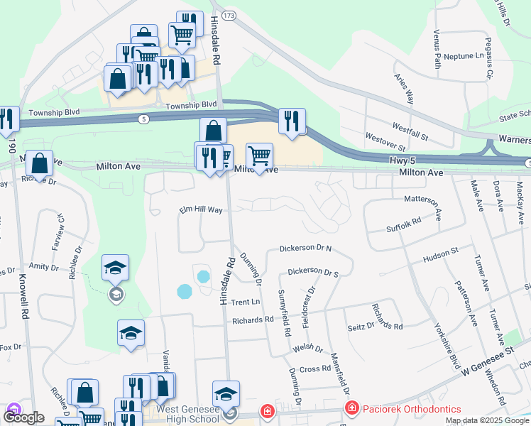 map of restaurants, bars, coffee shops, grocery stores, and more near 6 Kings Court in Camillus