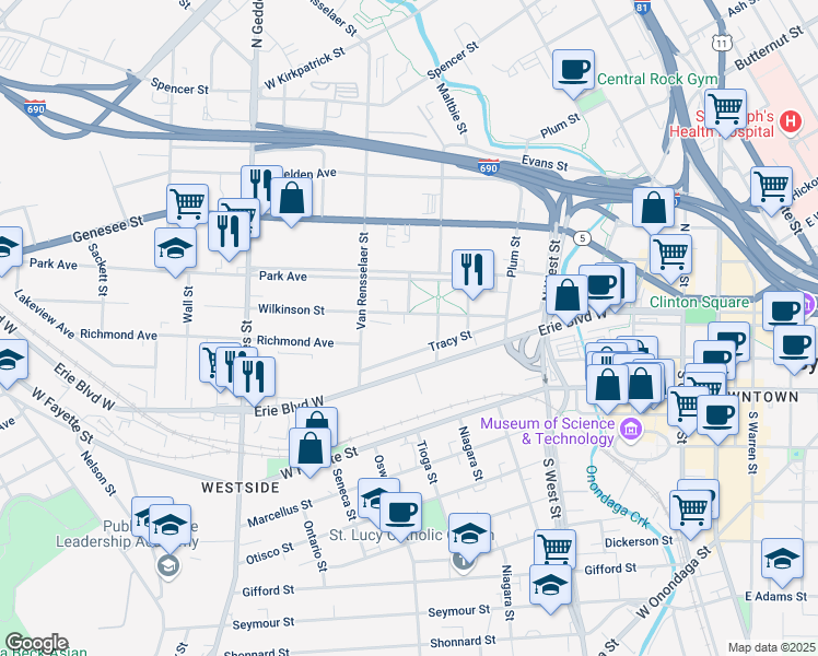 map of restaurants, bars, coffee shops, grocery stores, and more near 225 Wilkinson Street in Syracuse