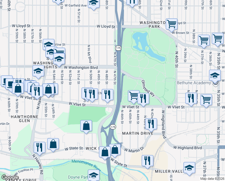 map of restaurants, bars, coffee shops, grocery stores, and more near 1454 North 48th Street in Milwaukee