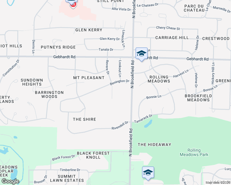 map of restaurants, bars, coffee shops, grocery stores, and more near 1423 Revere Drive in Brookfield