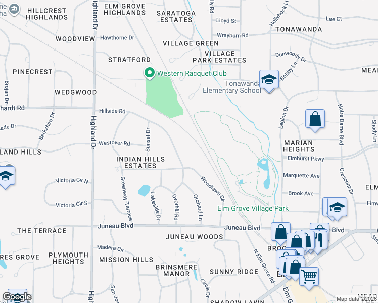 map of restaurants, bars, coffee shops, grocery stores, and more near 1460 Woodlawn Circle in Elm Grove