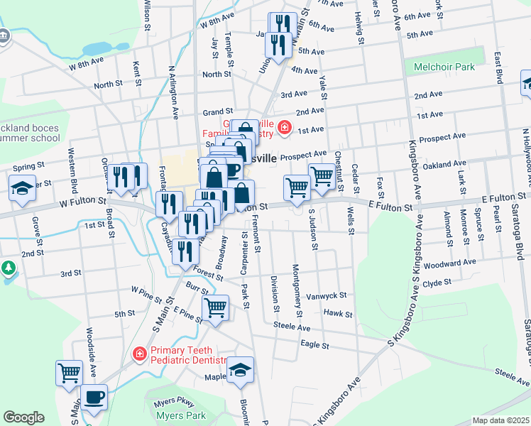 map of restaurants, bars, coffee shops, grocery stores, and more near 58 East Fulton Street in Gloversville