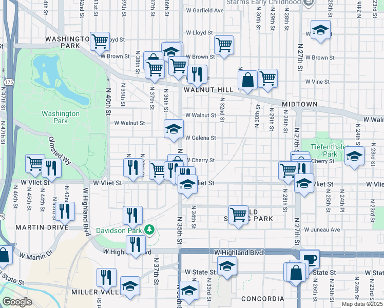map of restaurants, bars, coffee shops, grocery stores, and more near 3403 West Cherry Street in Milwaukee