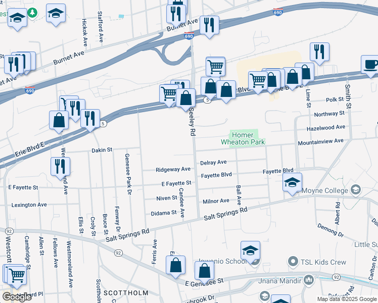 map of restaurants, bars, coffee shops, grocery stores, and more near 410 Seeley Road in Syracuse