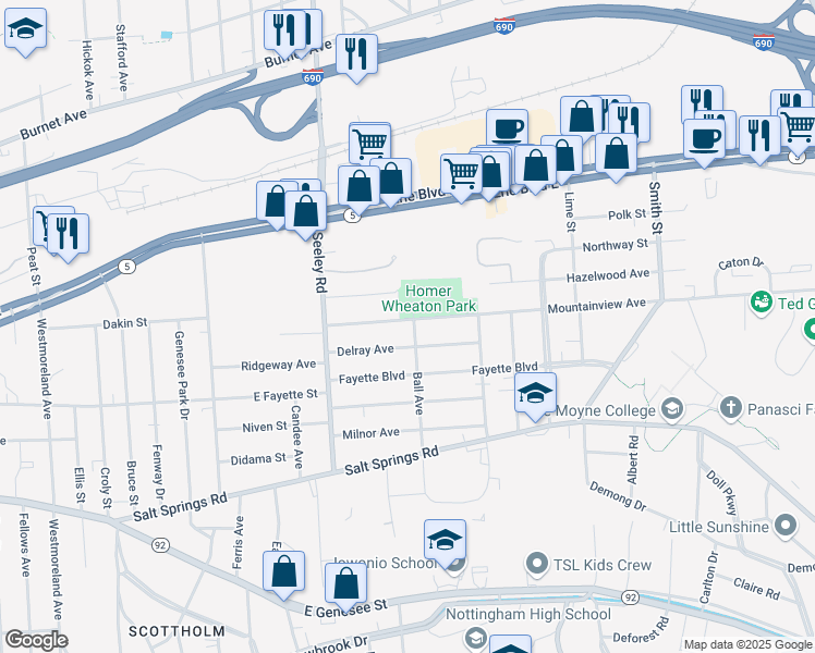 map of restaurants, bars, coffee shops, grocery stores, and more near 284 Mountainview Avenue in Syracuse