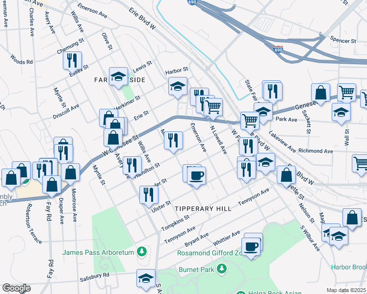 map of restaurants, bars, coffee shops, grocery stores, and more near 414 Hamilton Street in Syracuse