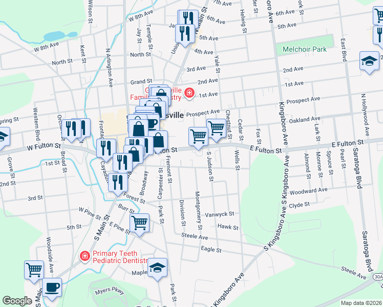 map of restaurants, bars, coffee shops, grocery stores, and more near 77 Washington Street in Gloversville