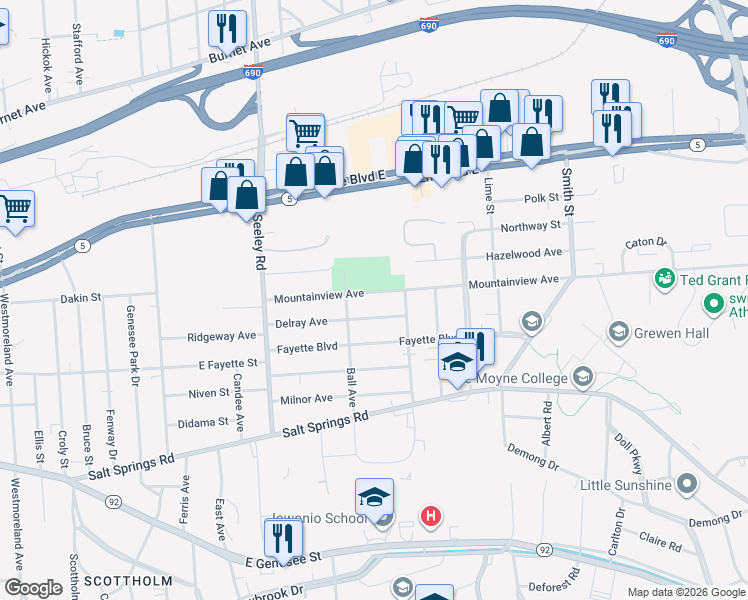 map of restaurants, bars, coffee shops, grocery stores, and more near 217 Delray Avenue in Syracuse