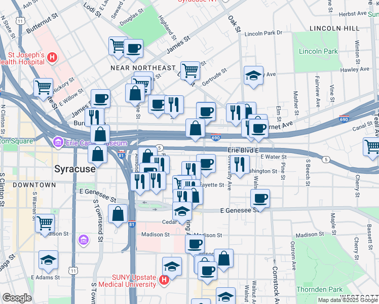 map of restaurants, bars, coffee shops, grocery stores, and more near 870 East Water Street in Syracuse