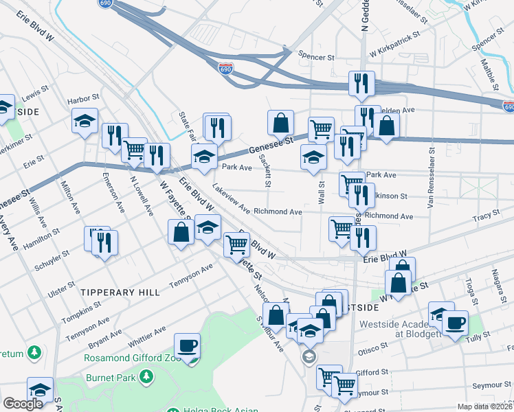 map of restaurants, bars, coffee shops, grocery stores, and more near 197 Lakeview Avenue in Syracuse