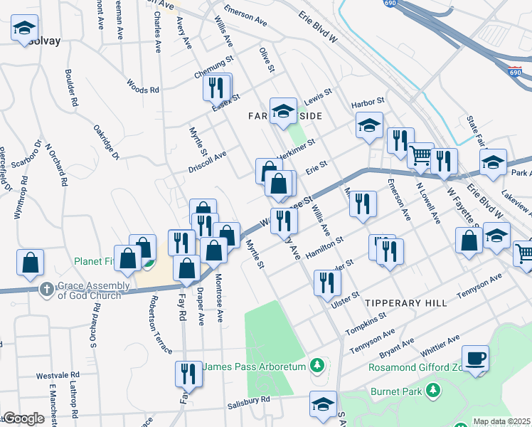 map of restaurants, bars, coffee shops, grocery stores, and more near 1909-11 West Genesee Street in Syracuse