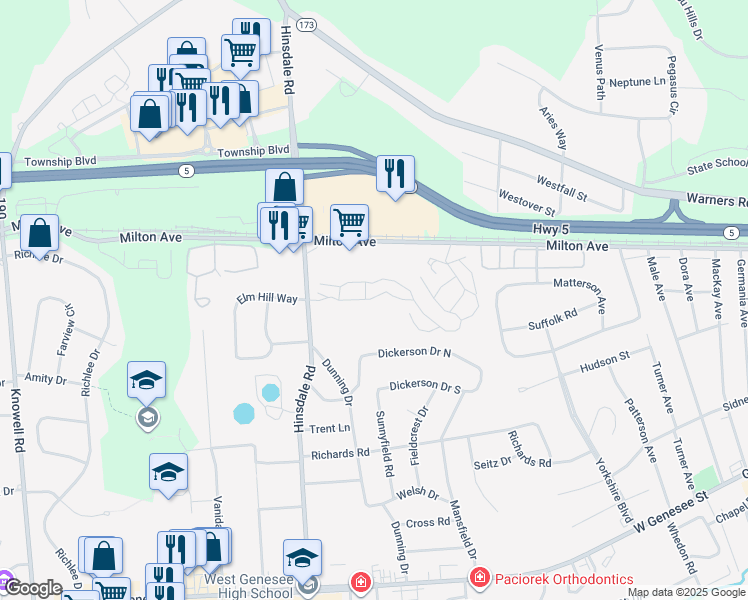 map of restaurants, bars, coffee shops, grocery stores, and more near 6 Kings Court in Camillus